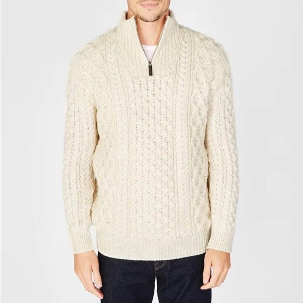 IrelandsEye Men’s Aran Knit 1 Zip Merino Wool Turtleneck Sweater Size M NWOT